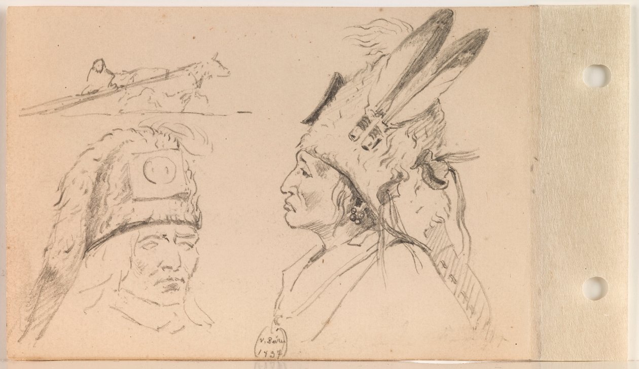 Tanulmányok Palaneapape-ról (Struck-by-Ree vagy Struck-by-Arikara) és egy Travois kutyáról (21. levél verso) alkotó: Charles Ferdinand Wimar