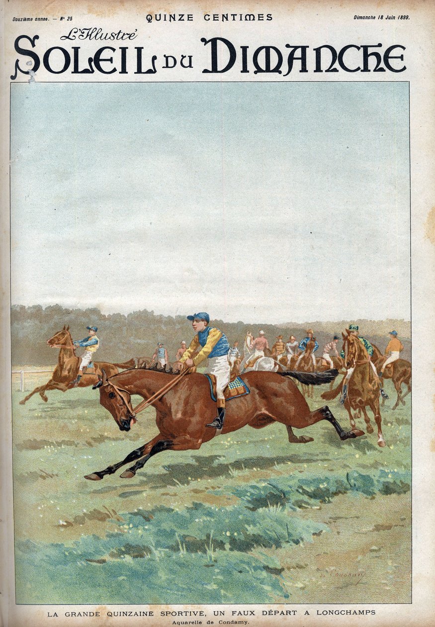 Lóverseny: "" A nagy sport forzaine: hamis rajt a longchampsi lóversenypályán"". Akvarell Condamy gravírozásával a „Le sun-du-dimanche”-ban, június 18 alkotó: Charles Fernand de (after) Condamy