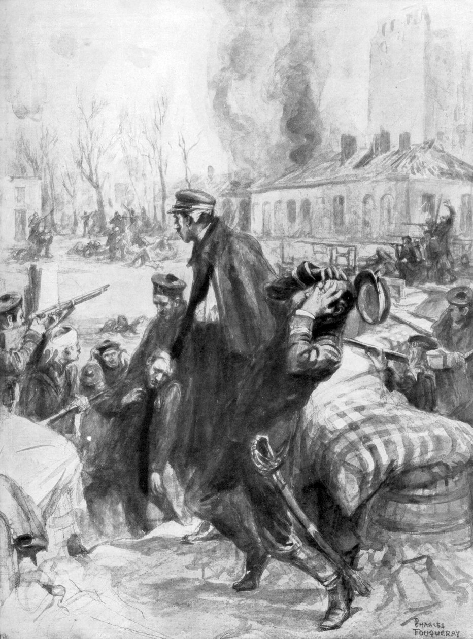 Tengerészgyalogosok részt vettek egy utcai csatában a flandriai Diksmuide városában, Belgiumban, 1914, 1926. alkotó: Charles Fouqueray