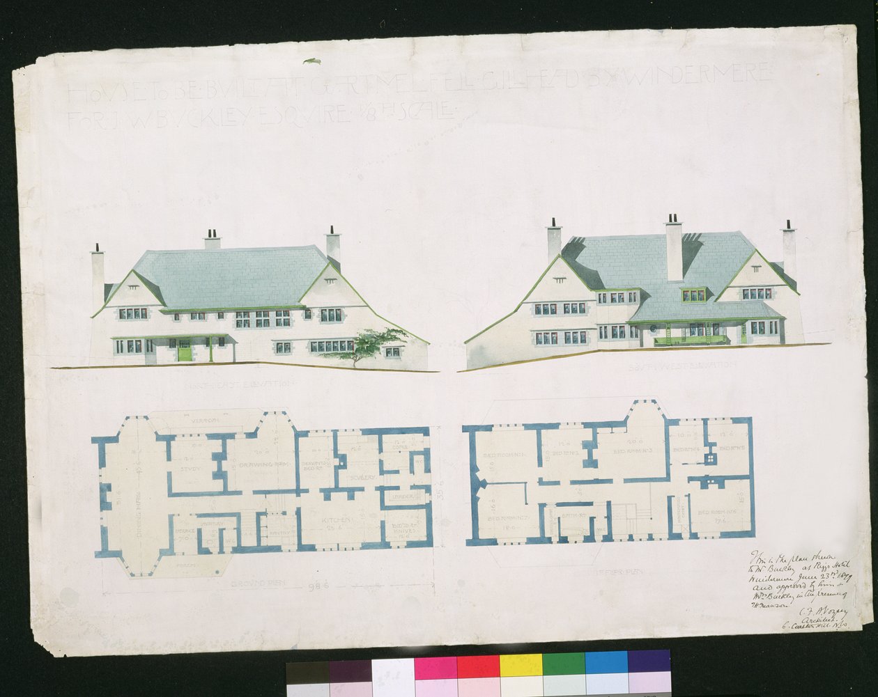 Ház épül a Gartmel Fell Gillheadben, Windermere-ben J.W. Buckley Esquire, 1899 (wc és ceruza papíron) alkotó: Charles Francis Annesley Voysey
