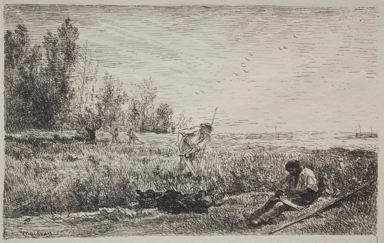 Szénakészítés, eredeti lenyomat 1862, nyomtatva 1921-ben. alkotó: Charles Francois Daubigny