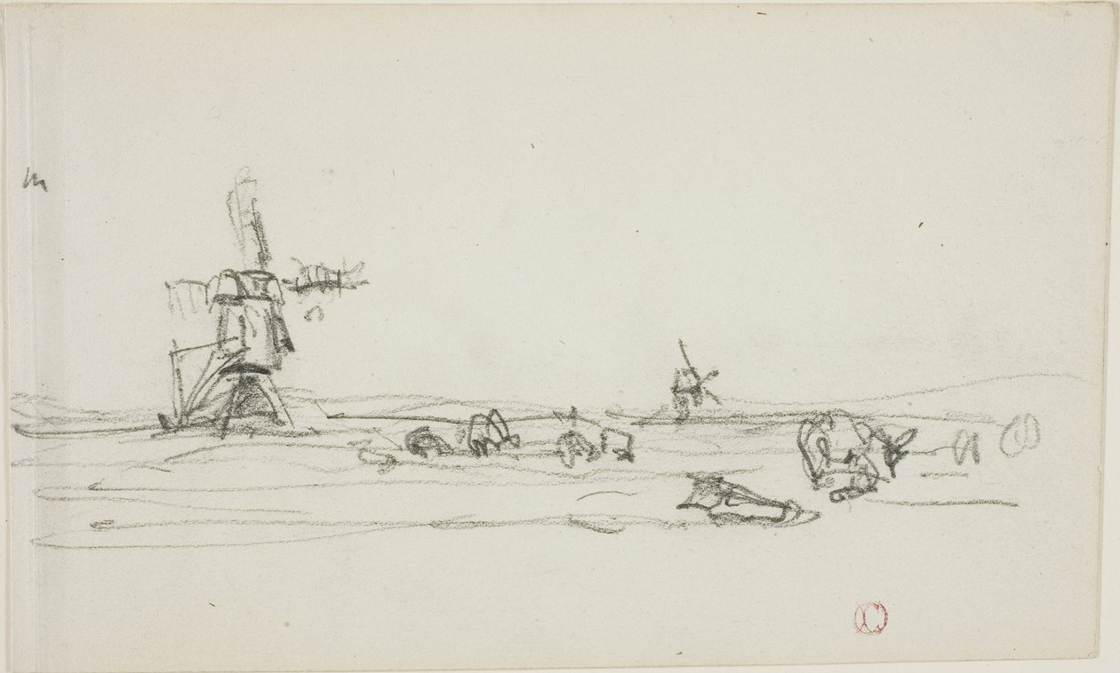 Holland tájkép (recto); vázlat szélmalmokról víz mellett (verso) alkotó: Charles Francois Daubigny