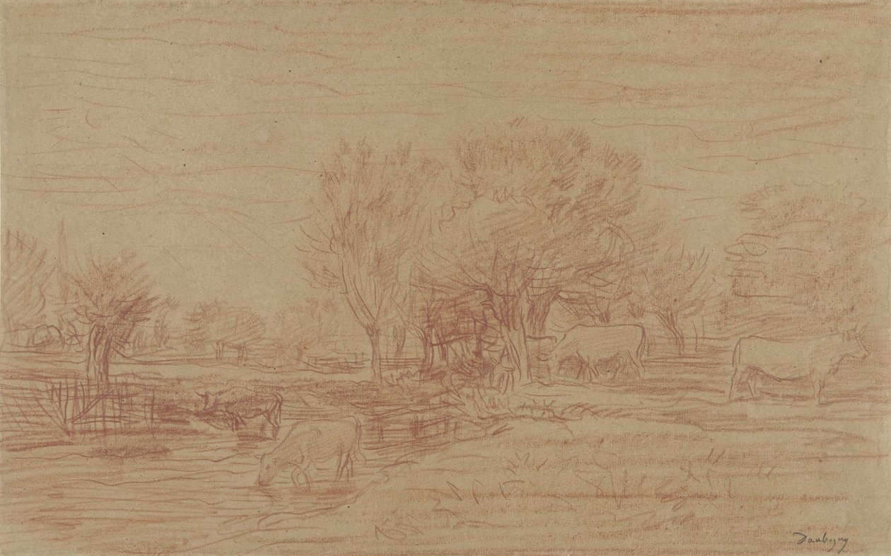 Táj legelő és ivó tehenekkel és egy figyelő bikával alkotó: Charles Francois Daubigny