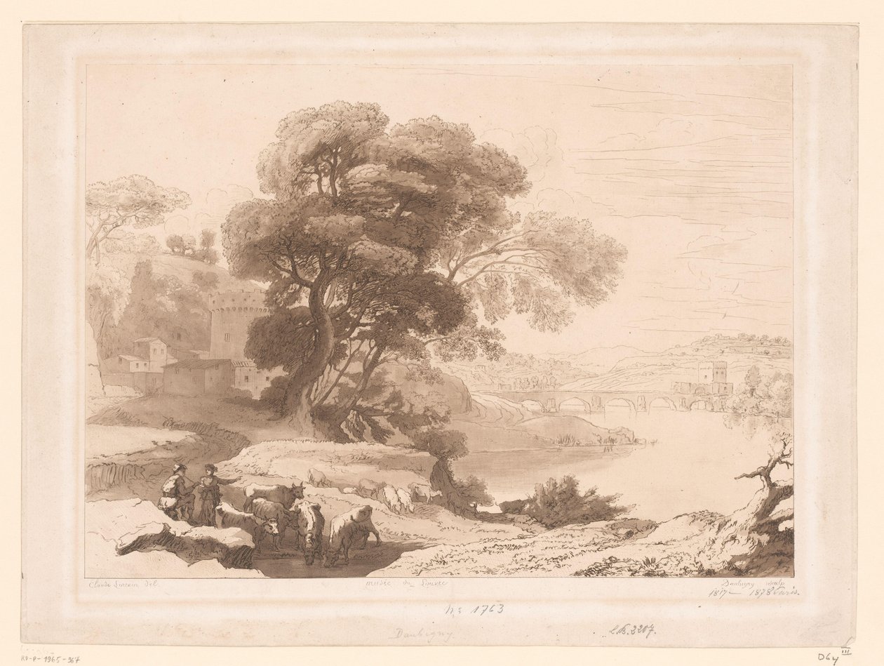 Táj pásztorokkal és szarvasmarhákkal a folyó szélén alkotó: Charles Francois Daubigny