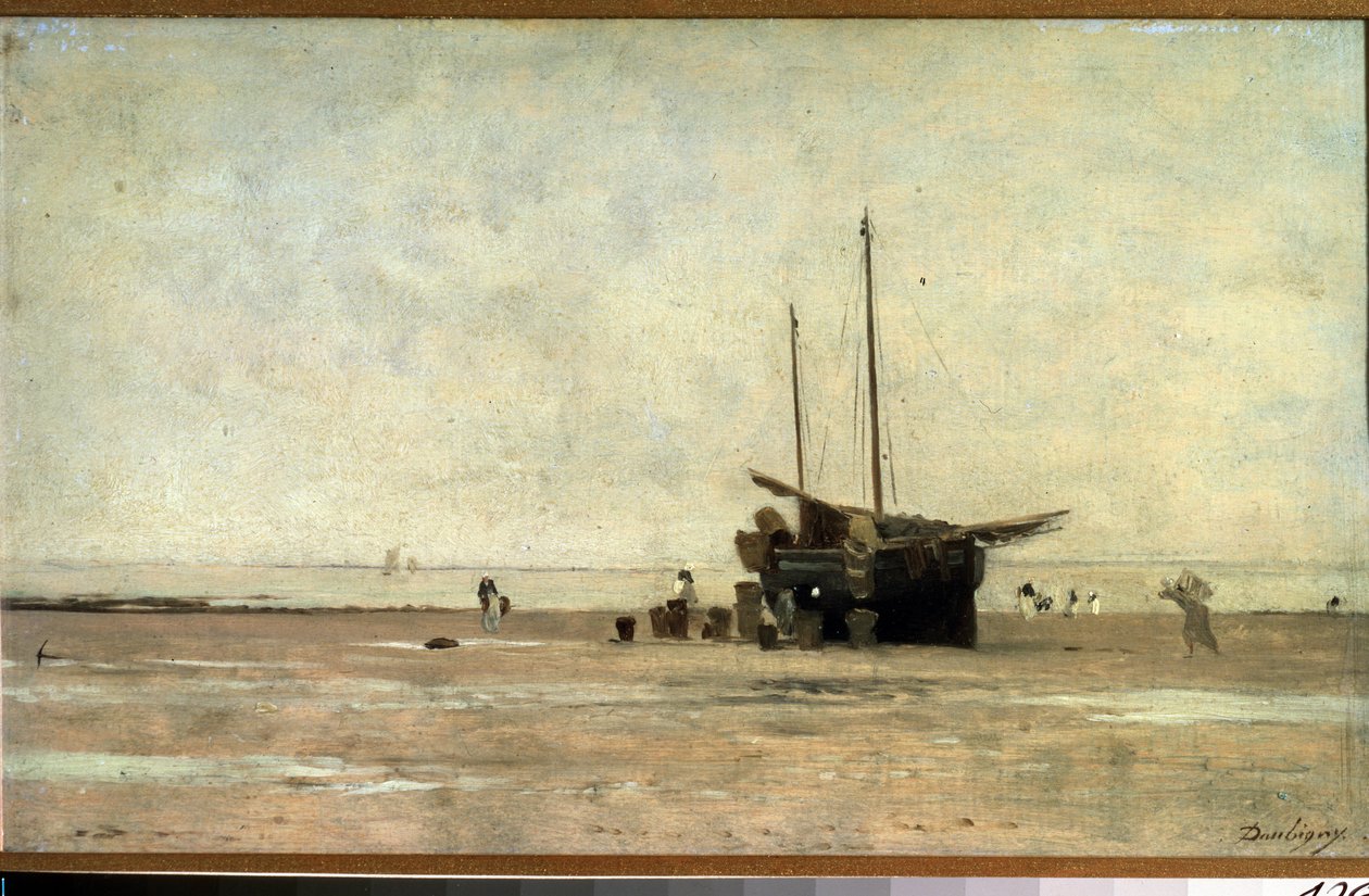 ""Seascape"" Vitorlás a homokon apálykor. Charles Francois Daubigny (1817-1878) festménye 1868-1872 Puskin Múzeum, Moszkva alkotó: Charles Francois Daubigny