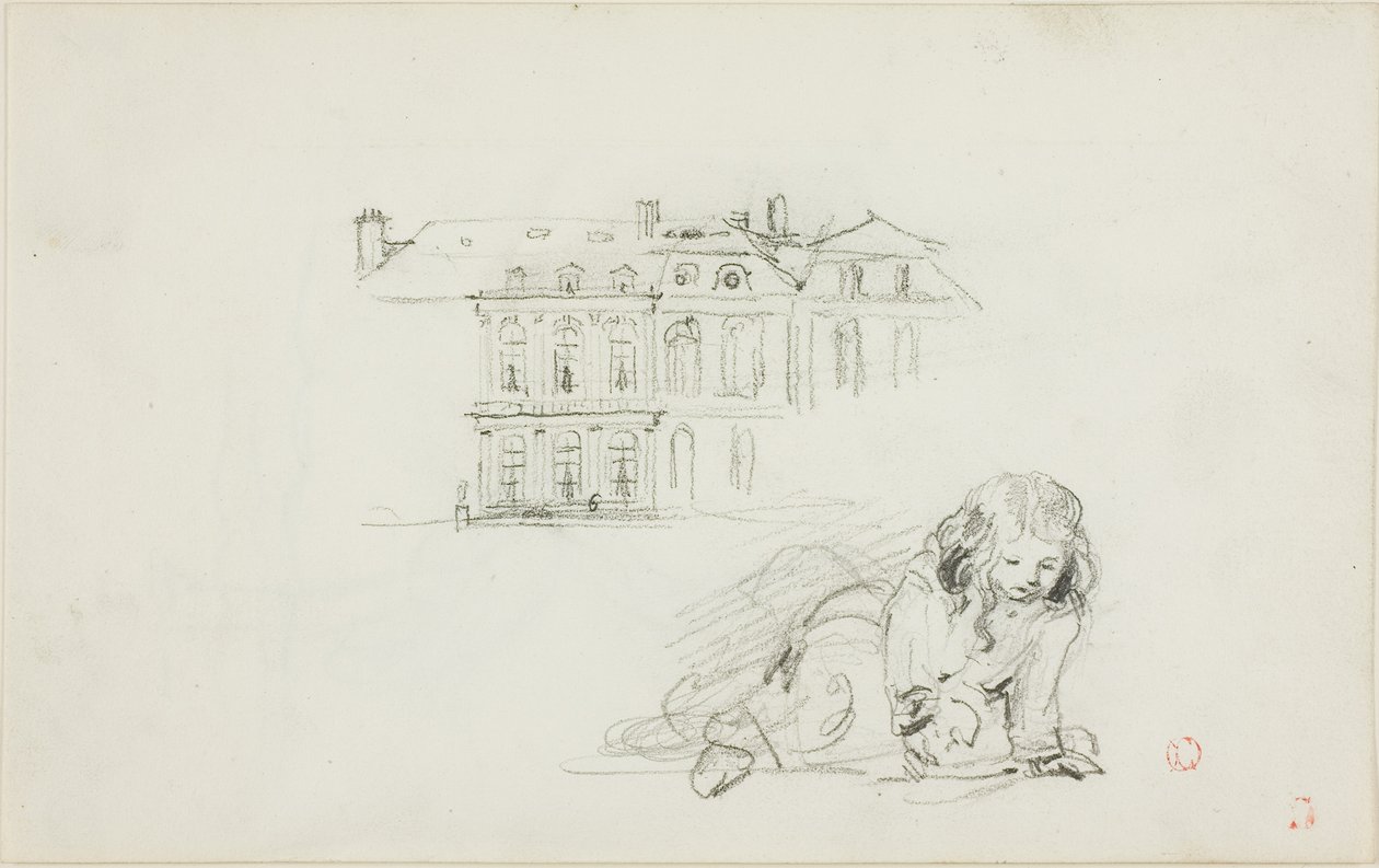 Vázlatok: (recto); gólya (verso): A Hotel de Ville, Tours és egy játszó lány (recto); gólya (verso) alkotó: Charles Francois Daubigny