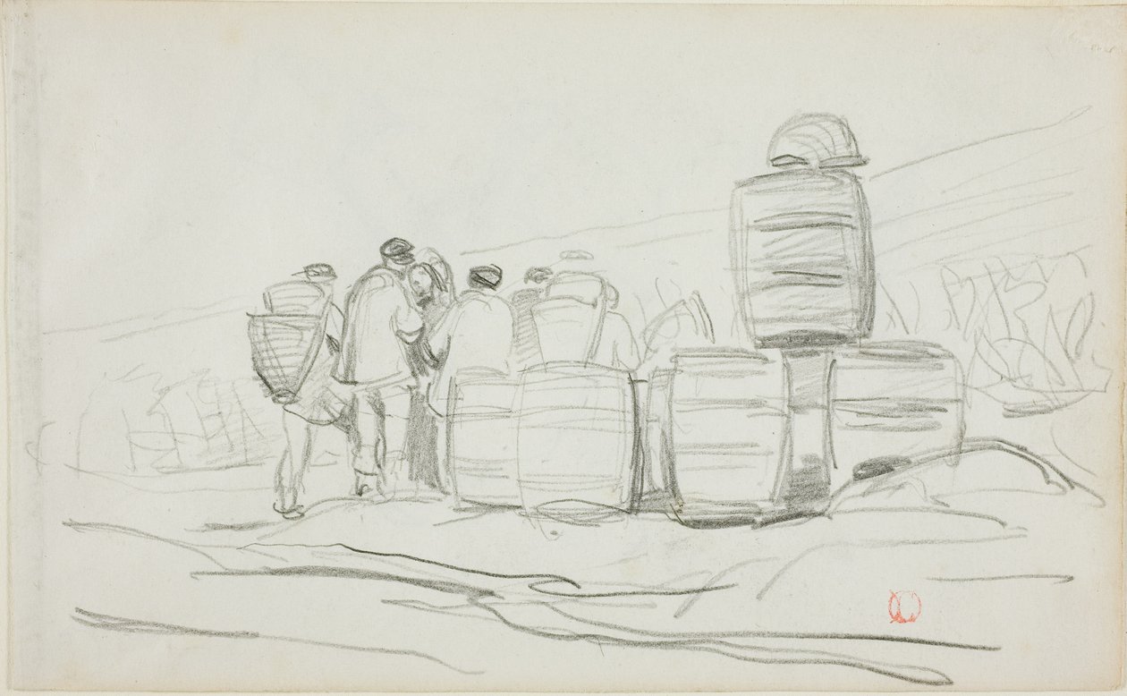 Tanulmány egy embercsoportról hordókkal (recto); Két tanulmány egy gyűjtögető nőről (verso) alkotó: Charles Francois Daubigny