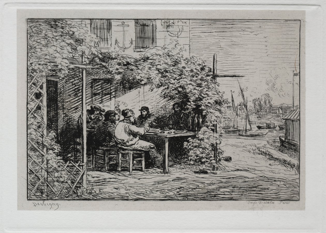 A hajókirándulás: Ebéd a fedélzetre lépés előtt Asnières-ben, 1861. alkotó: Charles Francois Daubigny