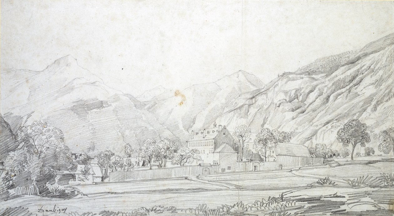 Épületek nézete egy fallal körülvett elkerítésben hegyekkel a háttérben, 19. század közepe alkotó: Charles Francois Daubigny
