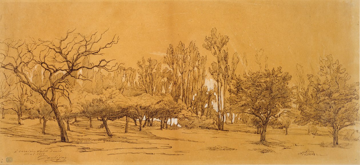 Kilátás egy gyümölcsösre Saint-Denisben, 19. század közepe alkotó: Charles Francois Daubigny