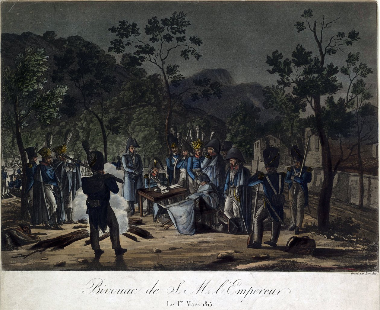 Napóleon visszatérése Elbáról. Napóleon bivakja Golfe-Juanban 1815. március 1-jén - Levachez, Charles Francois Gabriel (aktív 1760-1820) - 1815 - Aquatint - 29,5x30 - Magángyűjtemény alkotó: Charles Francois Gabriel Levachez