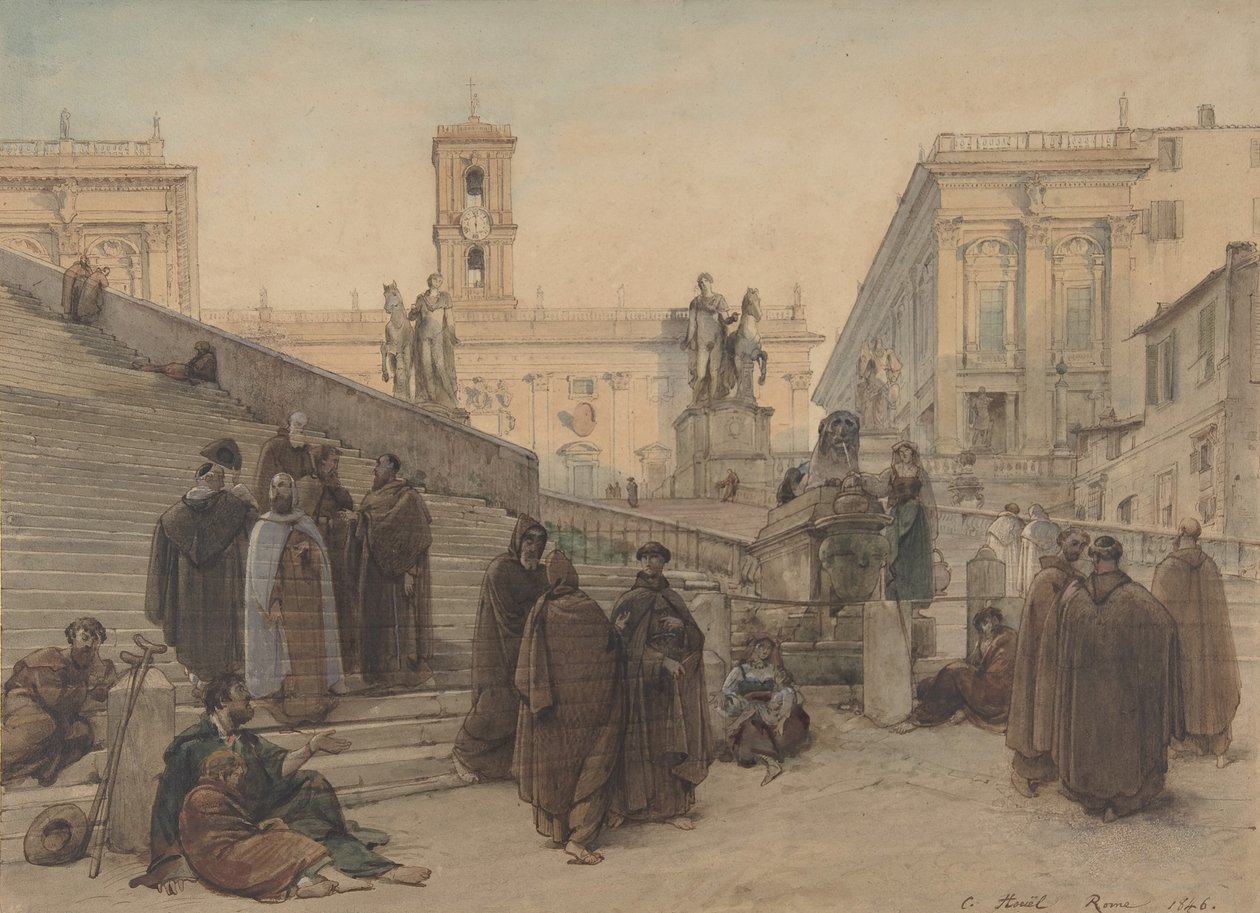 A Campidoglio az Aracoeli-templom lépcsőházából, Rómában, naplementekor, 1846. alkotó: Charles Francois Houel