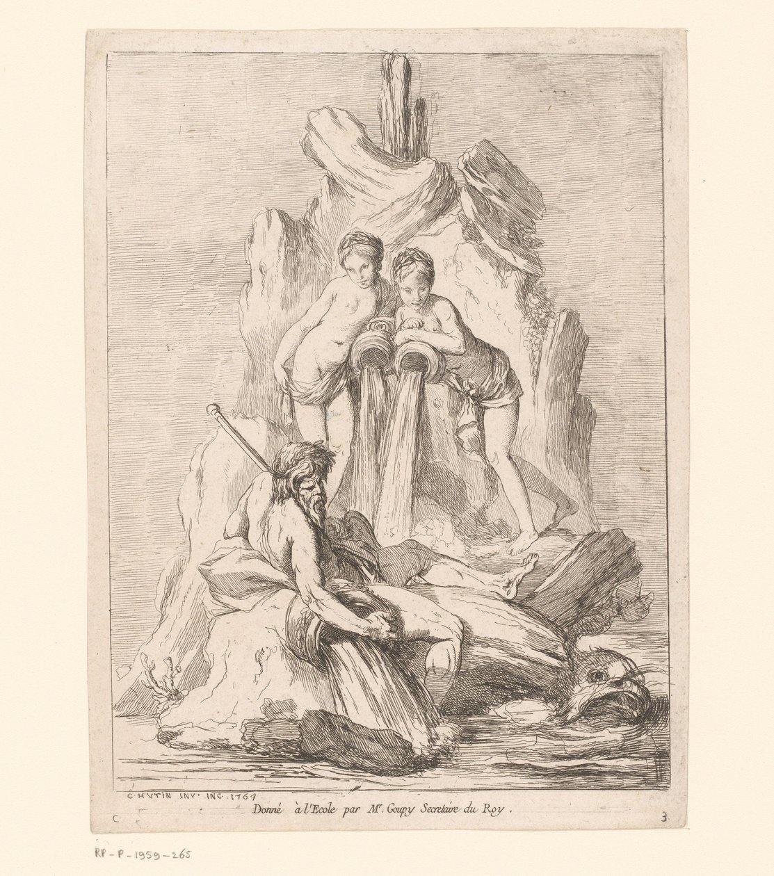 Szökőkút két nimfával és egy folyóistennel Szökőkutak (sorozat címe) Fontaines (sorozat címe) alkotó: Charles Francois Hutin