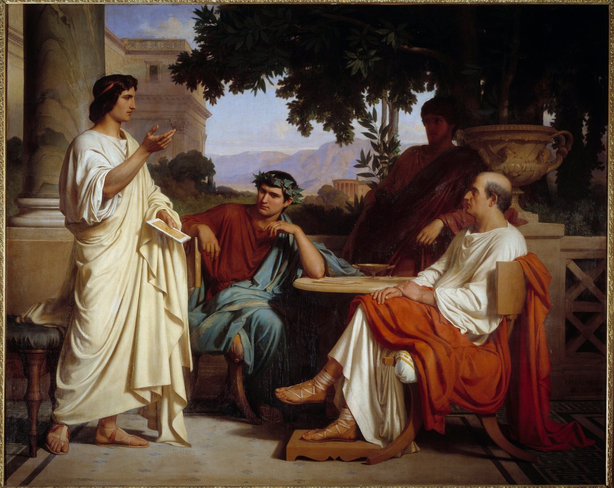Vergilius, Horatius és Varius Mecenében Charles Francois Jalabert (1819-1901) festménye 1846 Nimes, musee des Beaux Arts – Vergilius, Horatius és Varius Mecene otthonában. Charles Francois Jalabert (1819-1901) festménye 1846. Szépművészeti Múzeum, Nimes, F alkotó: Charles François Jalabert