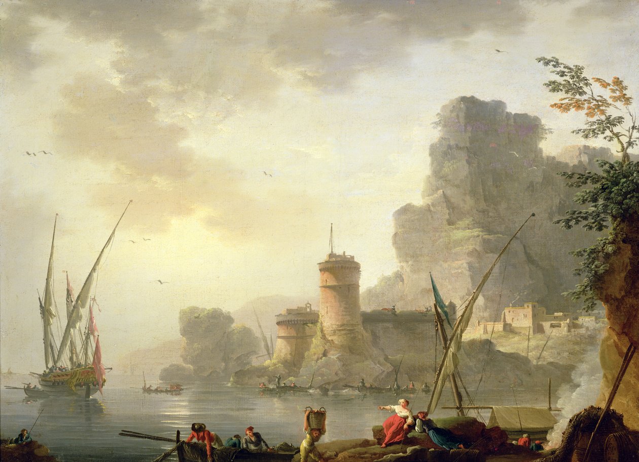 Földközi-tengeri kikötői jelenet naplementekor alkotó: Charles Francois Lacroix de Marseille