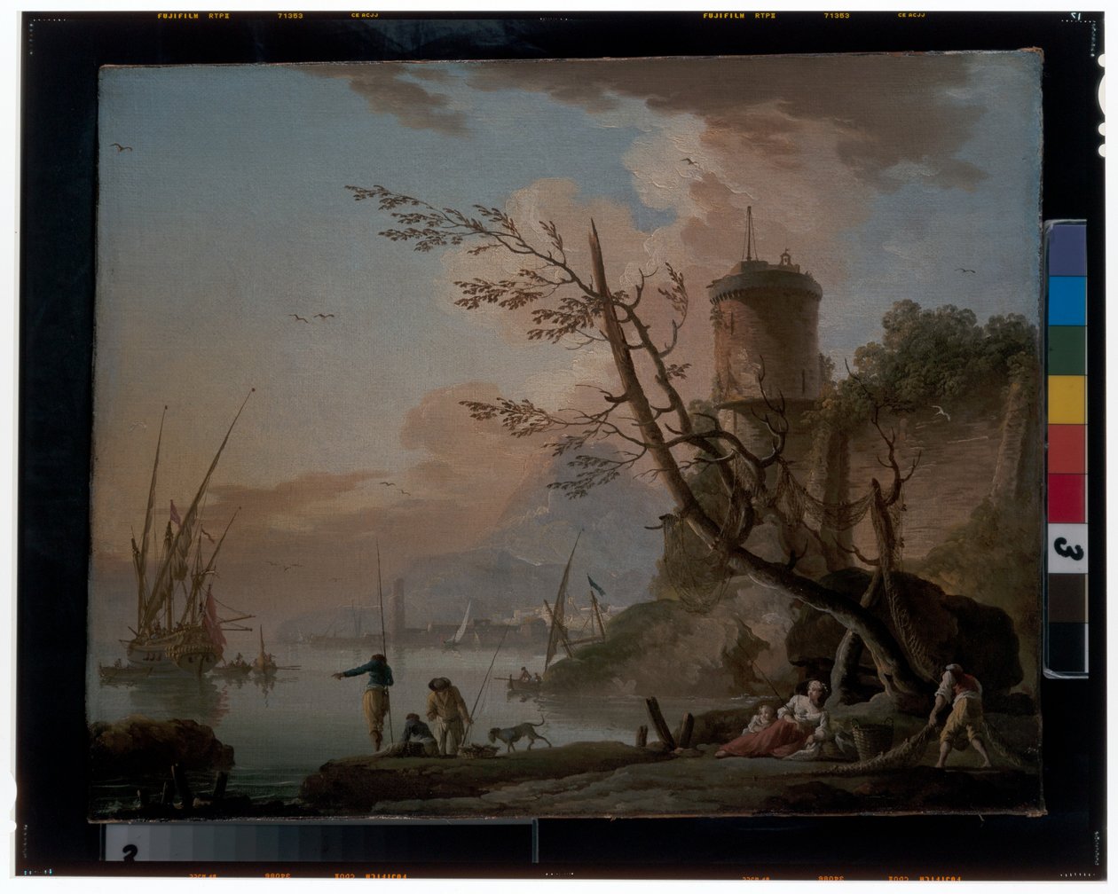 Férfiak horgásznak egy torony alatt pihenő nőkkel alkotó: Charles François Grenier de Lacroix