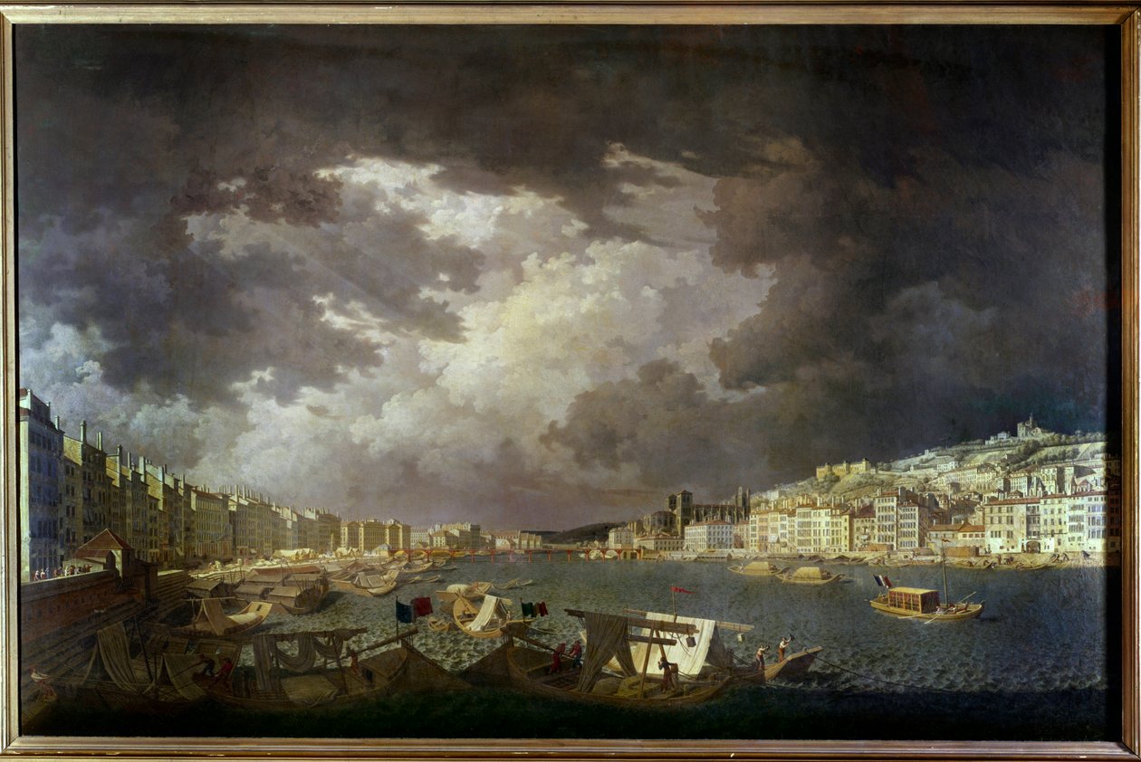 A Saone határai Lyonban Bal oldalon a kereskedelmi tevékenységek, Charles Francois Nivard (1739-1821) festménye, 1804. alkotó: Charles François Nivard