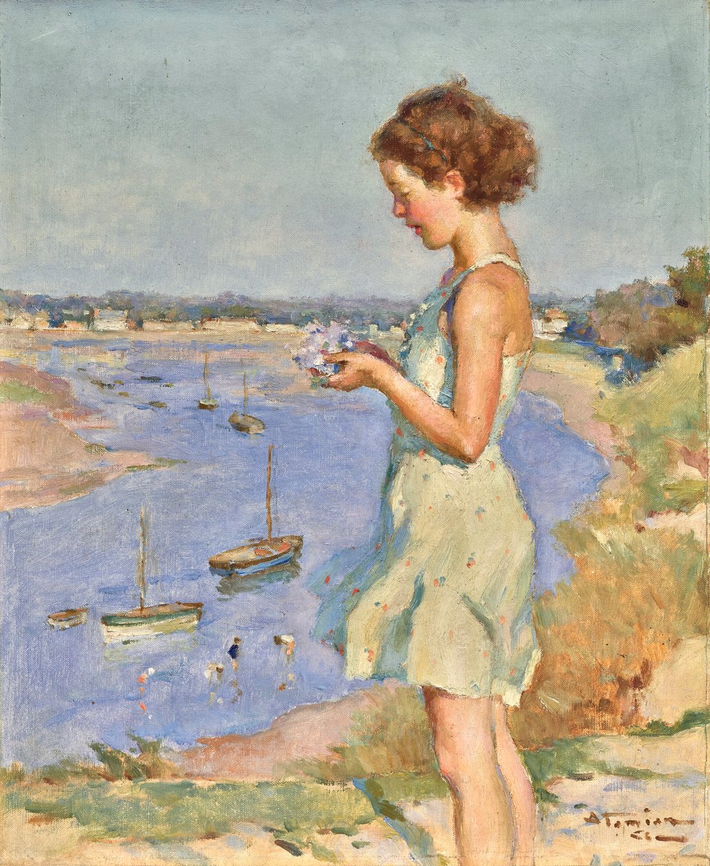 Fiatal lány egy kék hortenziával, Saint-Gilles-Croix-de-Vie alkotó: Charles Garabed Atamian