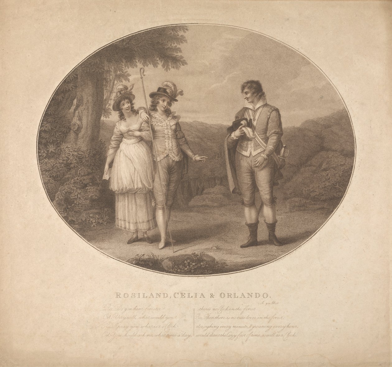 Rosalind, Celia és Orlando – „As You Like It”, III. felvonás, II. jelenet alkotó: Charles Gauthier Playter