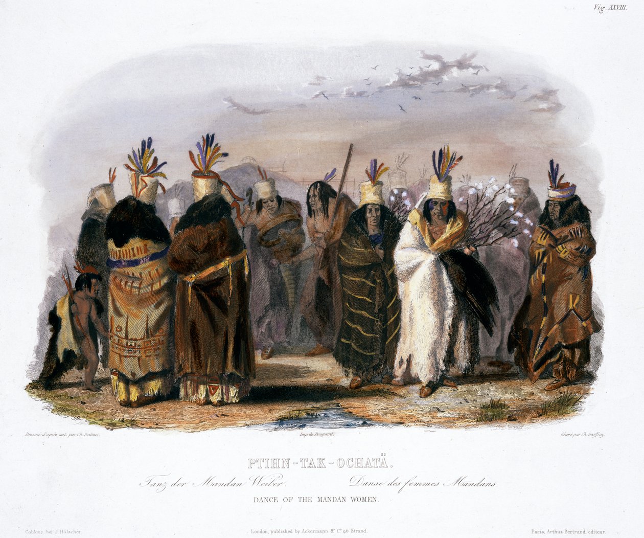 "Ptihn-Tak-Ochata, a mandan nők tánca", 1843 alkotó: Charles Geoffroy