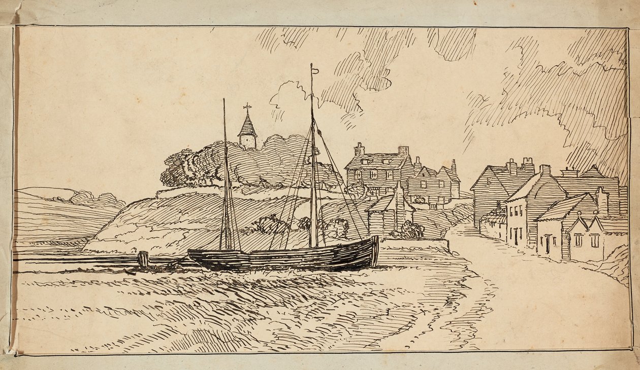 Egy vitorlás a tengerparton apálykor, egy falu felé vezető sáv mellett alkotó: Charles George Harper