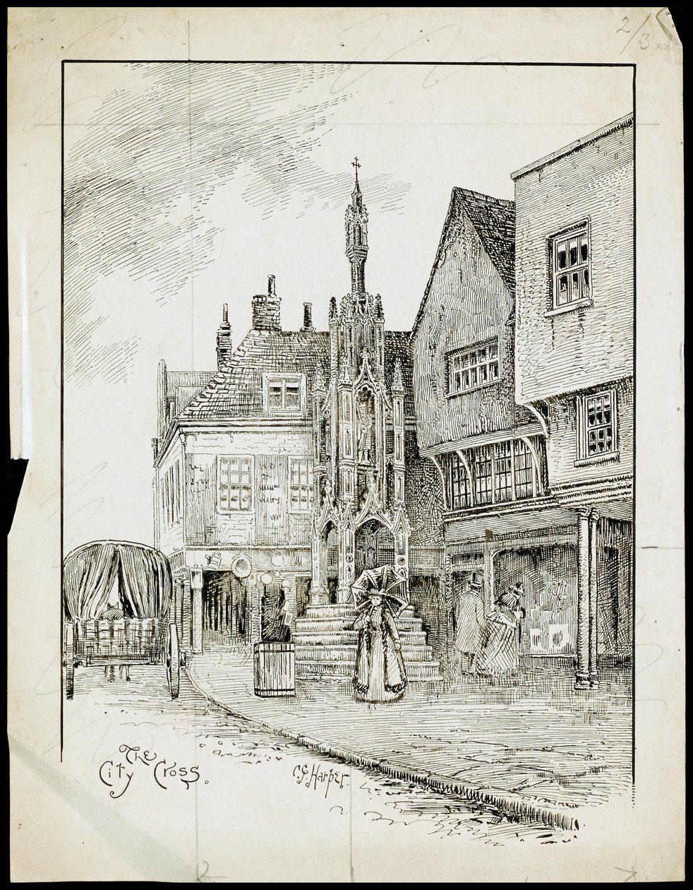 Kilátás a Butter Cross, High Street, Winchester, Hampshire északnyugati felőli részéből (toll és tinta papíron) alkotó: Charles George Harper