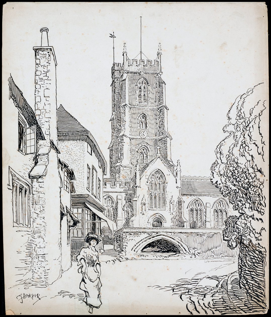 Kilátás a Szent György-templom déli oldaláról, Dunster, Somerset alkotó: Charles George Harper