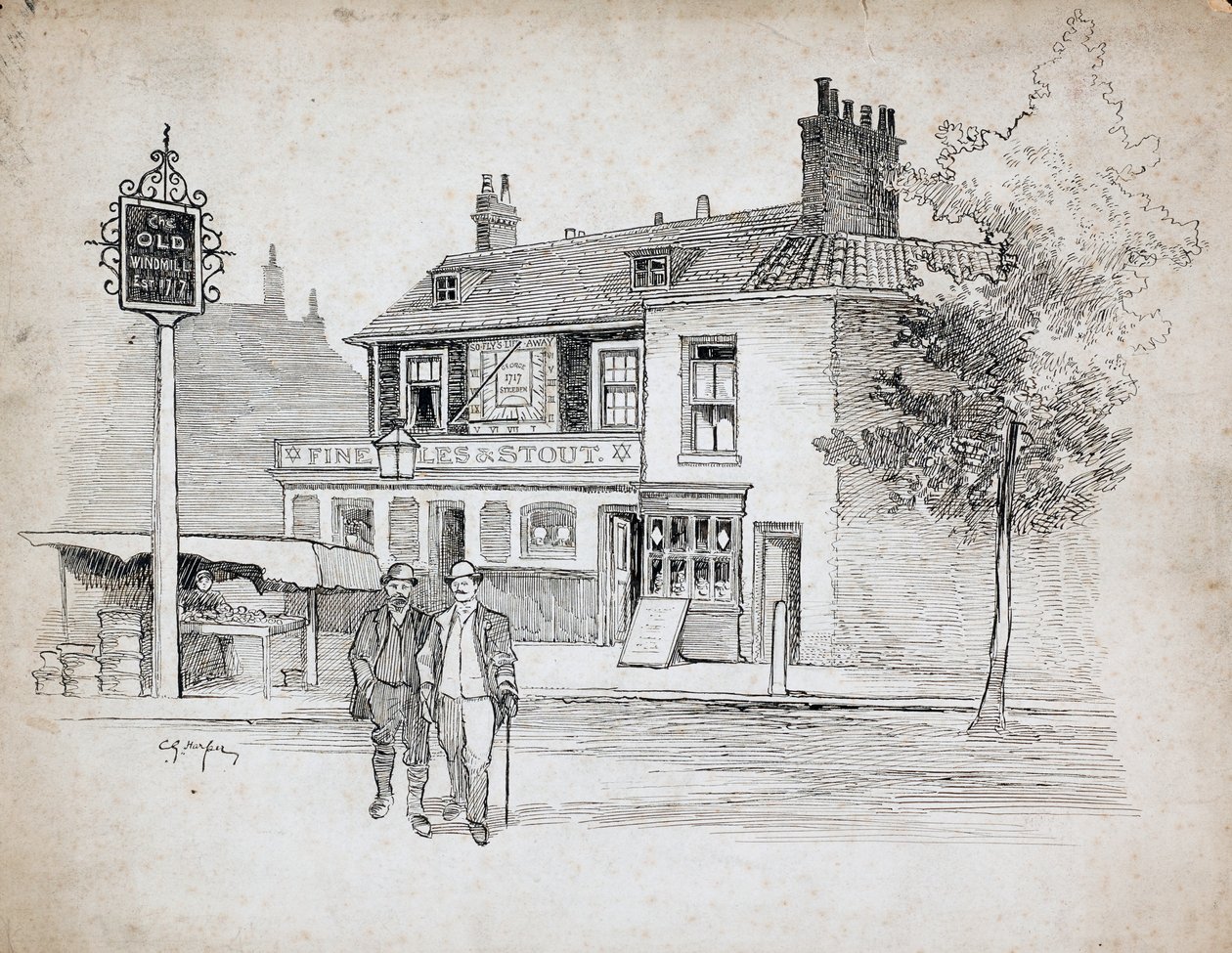 Old Windmill Public House, 214-214 Chiswick High Road, Turnham Green (toll és tinta papíron) alkotó: Charles George Harper