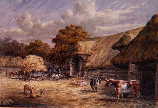 Mr. Harrison Barton Farmjának udvara, Buckland, Dover közelében, egy brit tájképalbumból. alkotó: Charles Gier White