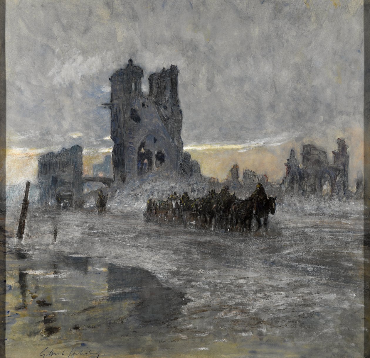 Lóvontatású járművek, esetleg tüzérvonat, elhaladva a romos posztócsarnok mellett, Ypres alkotó: Charles Gilbert Holiday