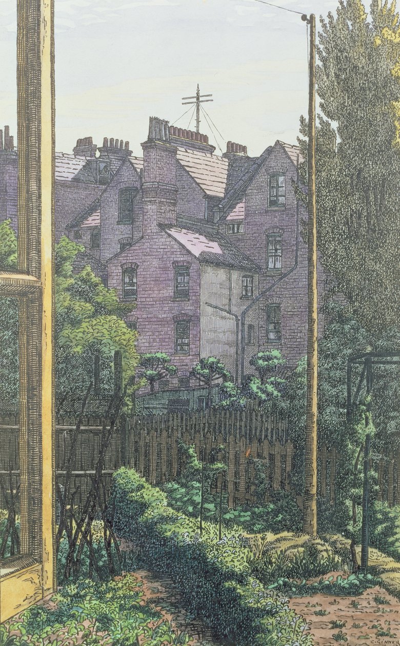 A London Back Garden (toll, tus és akvarell papíron) alkotó: Charles Ginner