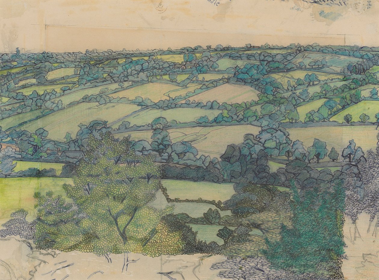 Applehayes, 1912 körül (ceruza, zsírkréta, toll és kék tinta papíron) alkotó: Charles Ginner