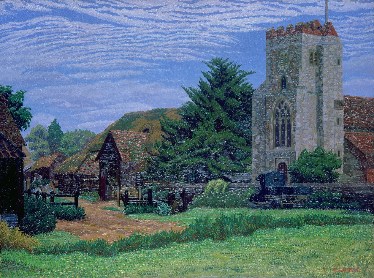 Church and Barn, Waltham St. Lawrence alkotó: Charles Ginner