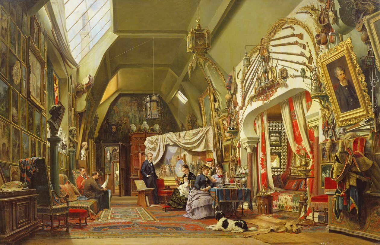 Eugene Giraud (1806-81) a stúdiójában testvérével, Charles-lal és fiával, Victorral alkotó: Charles Giraud