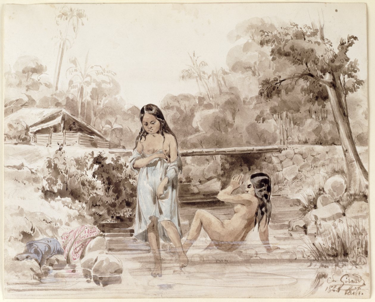 Tahitians Bathing, 1844 (toll és mosás papíron) alkotó: Charles Giraud