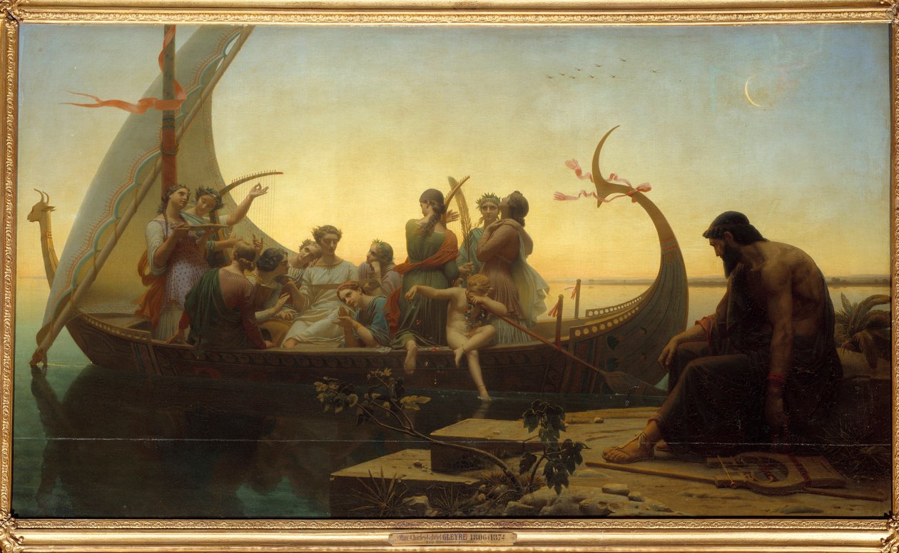 Elveszett illúziók vagy este Egy allegorikus jelenet, amely szereplőket ábrázol egy távozó drakkaron, egy férfi a vádlottak padján marad lírával. Charles Gleyre (1806-1874) festménye 19. század V. 1,56x2,38 m alkotó: Charles Gleyre