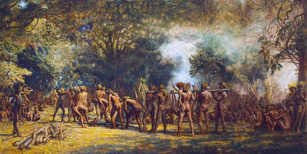 Kannibál lakoma Tanna szigetén, Vanuatu 1887 körül (olaj, vászon) alkotó: Charles Gordon Frazer