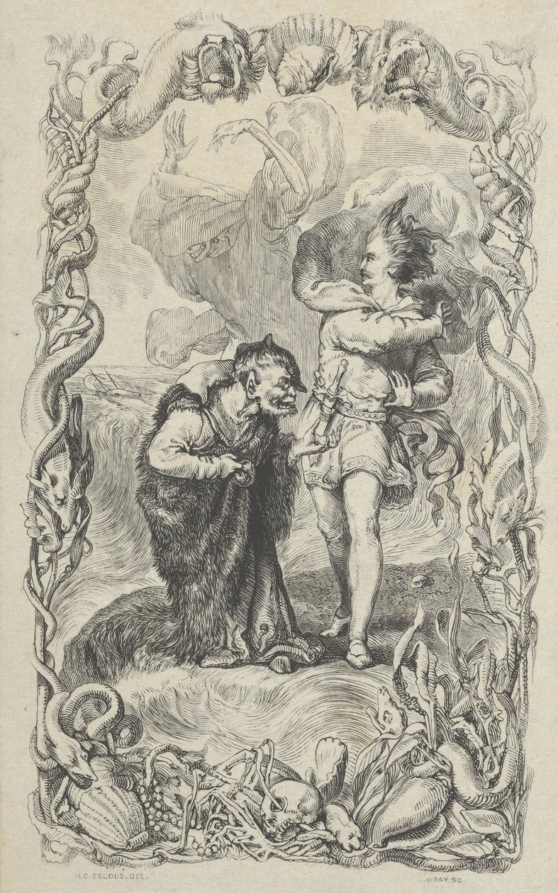 Illusztráció a viharhoz: Caliban, Ferdinand és Ariel, 1836. alkotó: Charles Gray