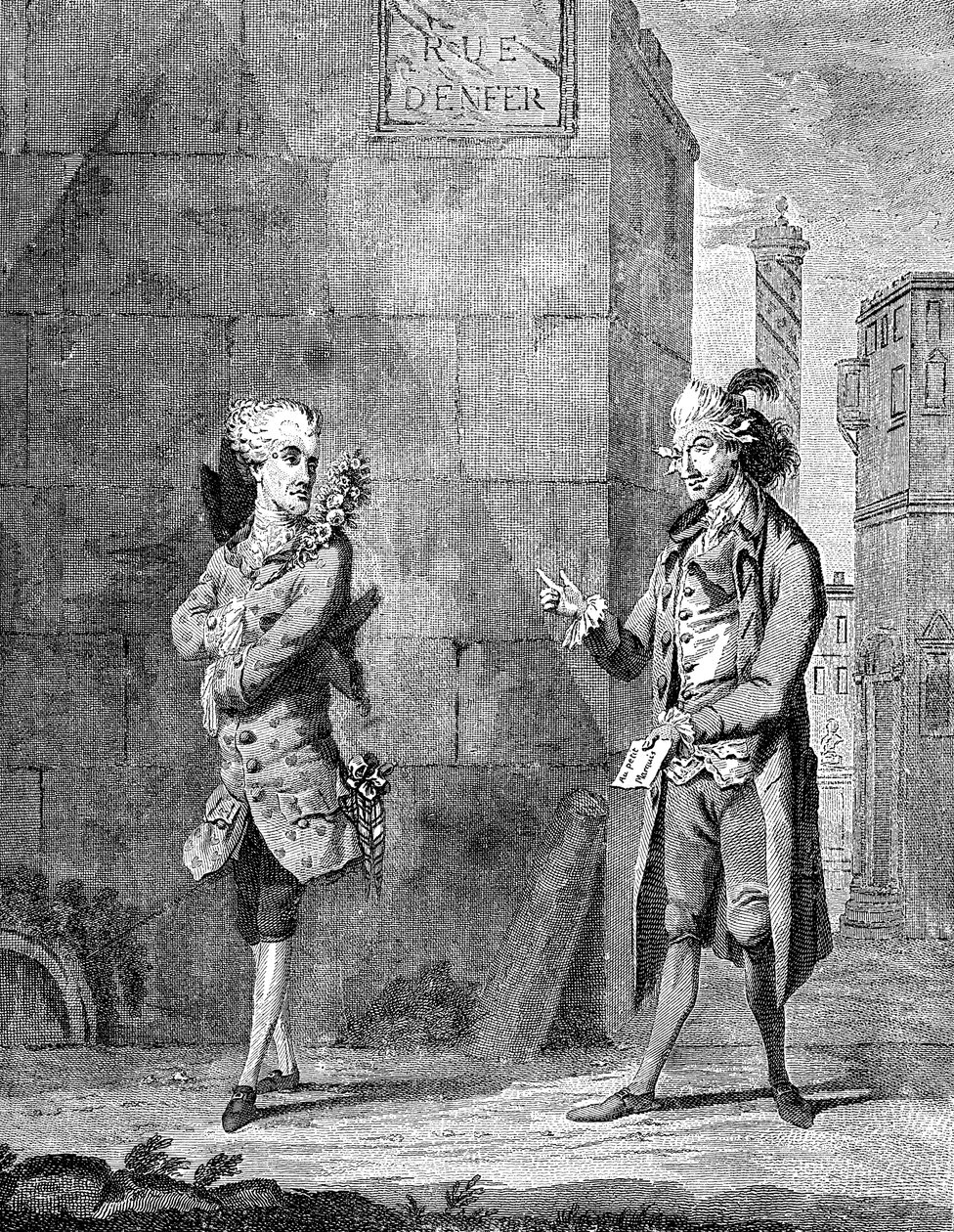 Egy francia Petit Maitre és inasa, 18. század vége. alkotó: Charles Grignion