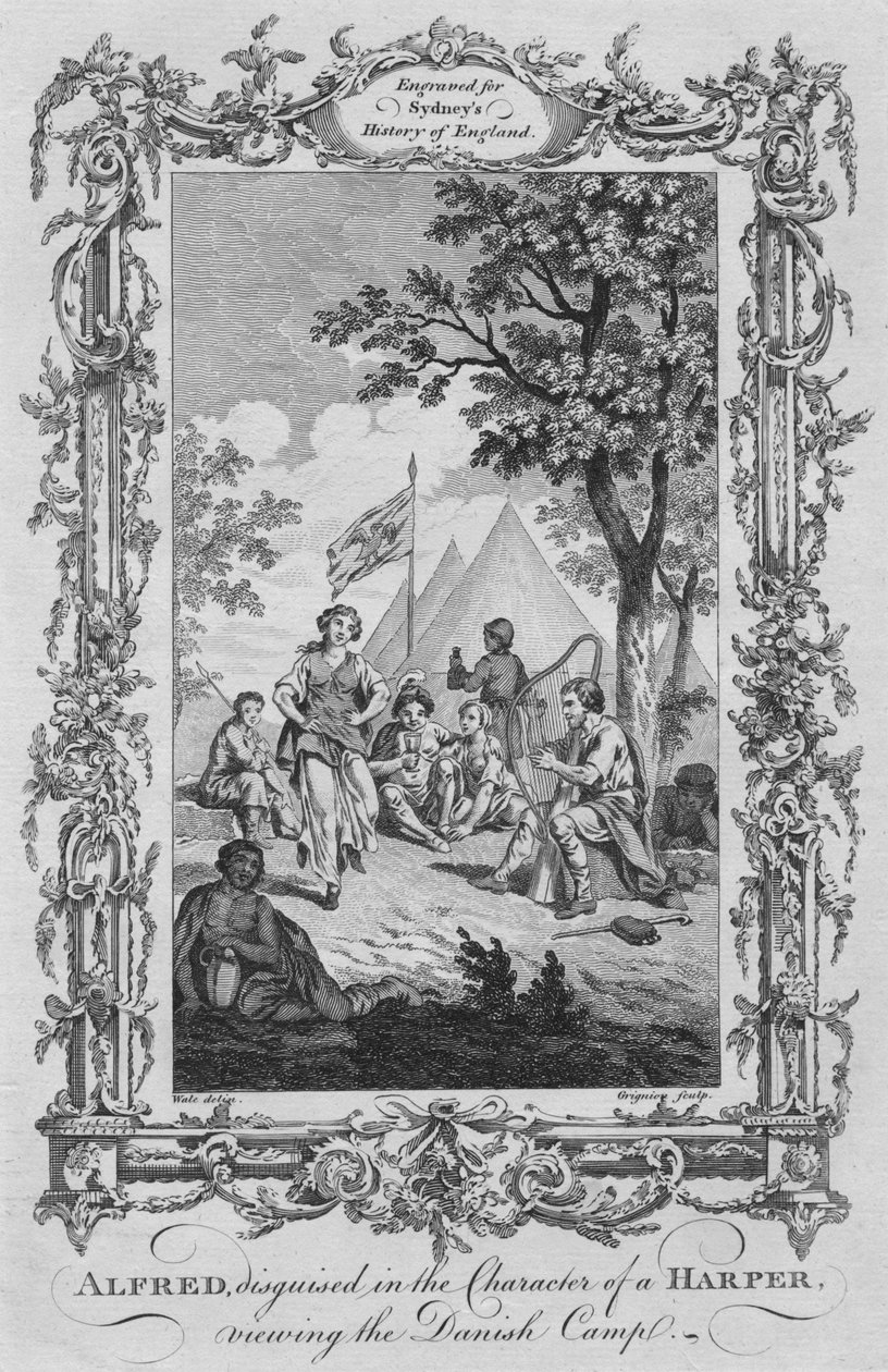 Alfred, a Harper karakterének álcázva, a dán tábort nézi, 1773. alkotó: Charles Grignion