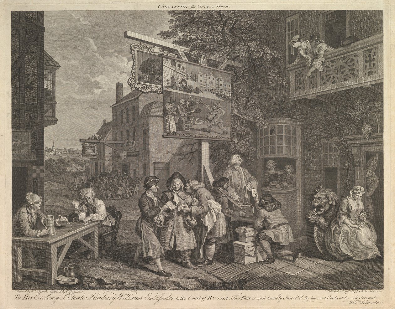 Szavazatgyűjtés, II. tábla: Egy választás négy lenyomata, 1757. február 20. alkotó: Charles Grignion