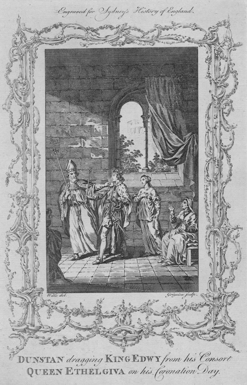 Dunstan elrángatja Edwy királyt hitvesétől, Ethelgiva királynőtől a koronázási napján, 1773-ban. alkotó: Charles Grignion