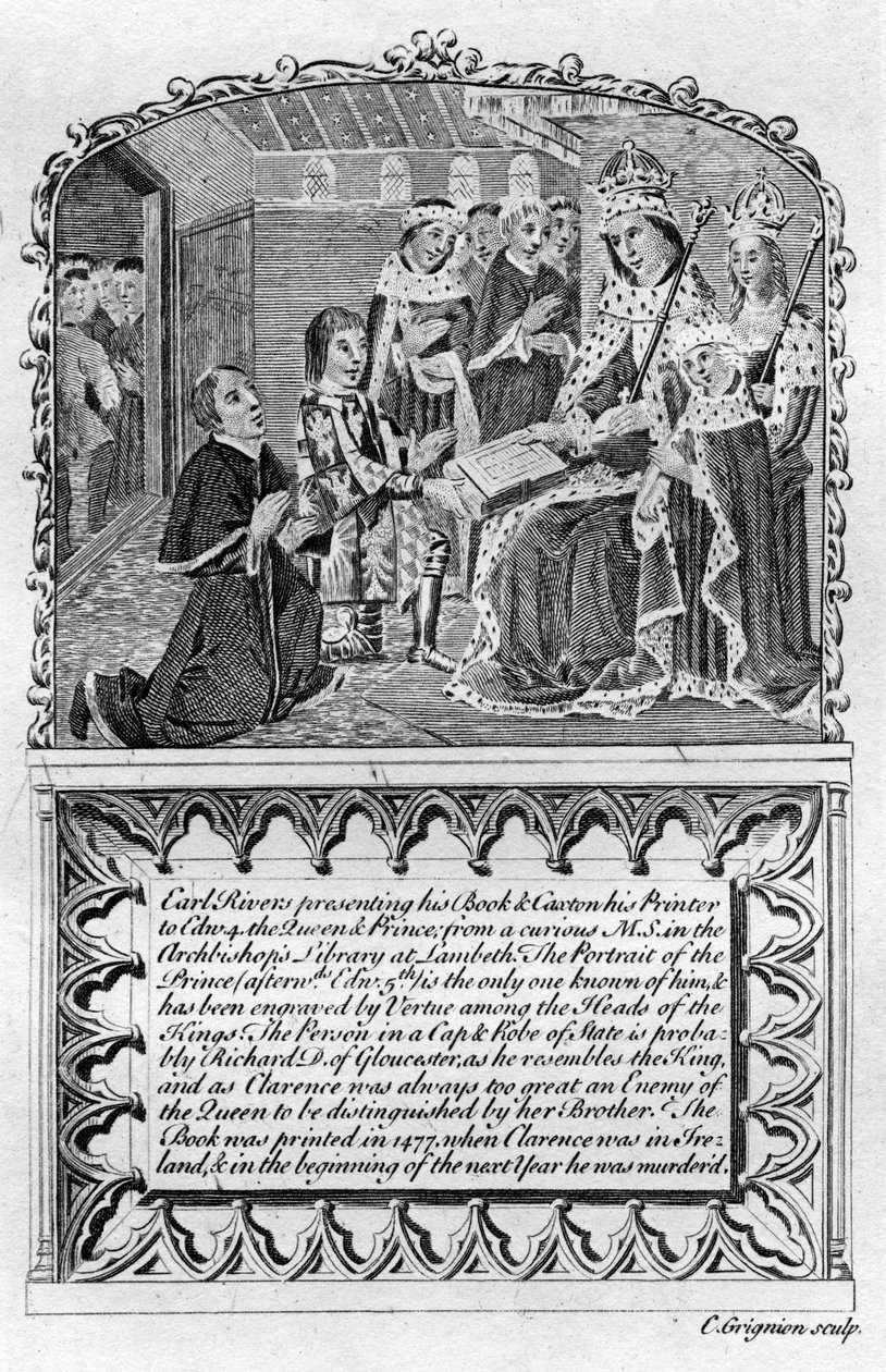 Earl Rivers bemutatja könyvét IV. Edward királynak, 1477, 18. század végén vagy 19. század elején alkotó: Charles Grignion