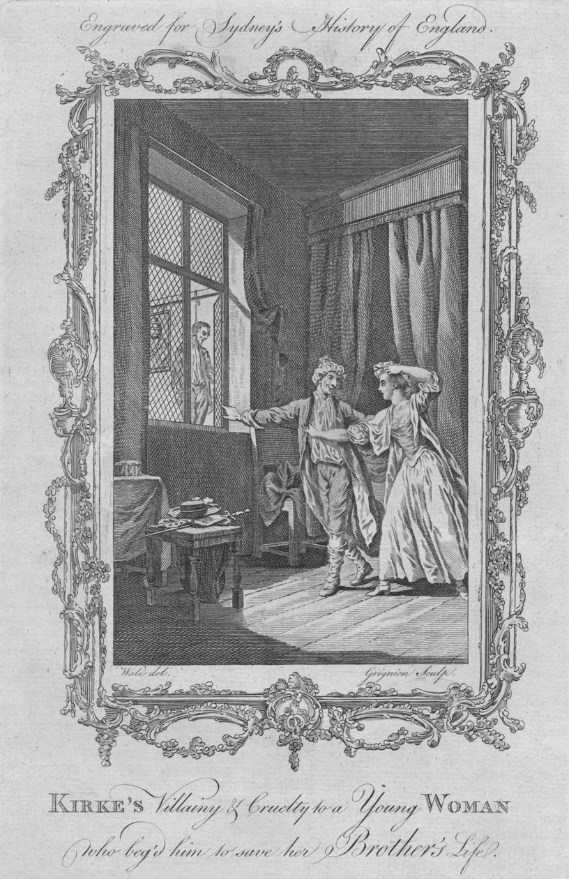 Kirkes gonoszsága és kegyetlensége egy fiatal nővel szemben, aki könyörgött neki, hogy mentse meg testvére életét, 1773. alkotó: Charles Grignion