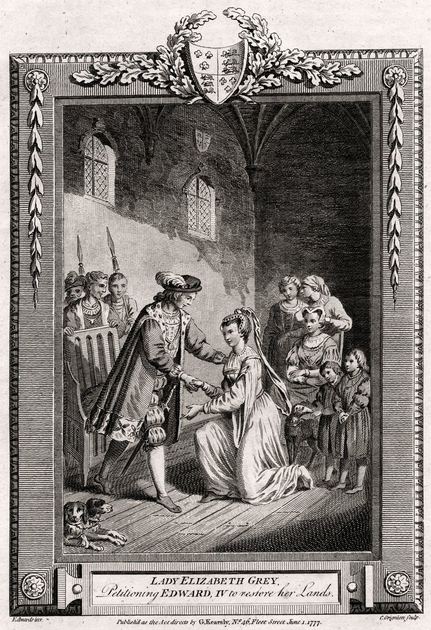 Lady Elizabeth Grey, IV. Edwardhoz kérve földjei helyreállítását, 15. század, 1777 alkotó: Charles Grignion