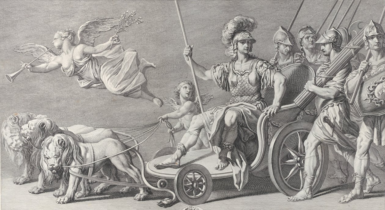 Mars egy szekéren, amelyet három oroszlán húzott, 1749. alkotó: Charles Grignion