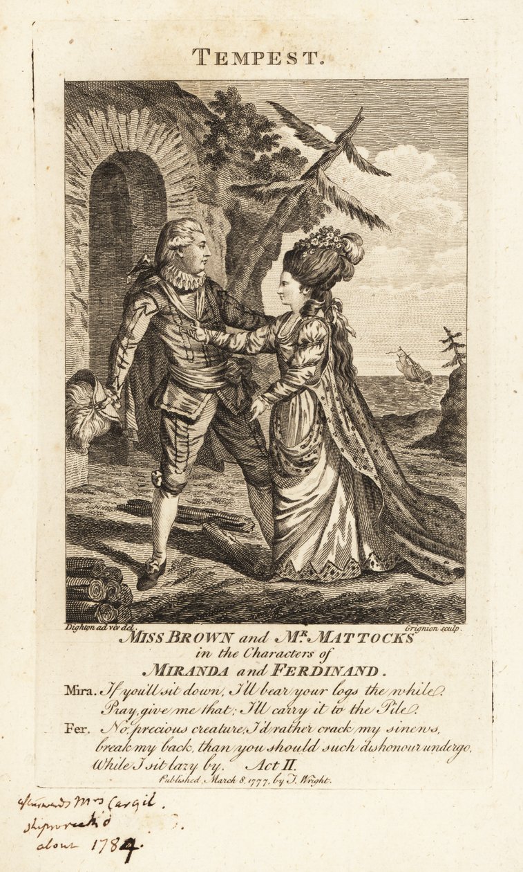 Miss Ann Brown és Mr George Mattocks Miranda és Ferdinand karakterében William Shakespeare A vihar című művének operaváltozatában, Covent Garden Theatre alkotó: Charles Grignion