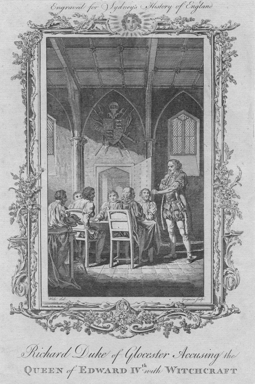 Richárd Gloucester hercege boszorkánysággal vádolja IV. Edward királynőjét, 1773. alkotó: Charles Grignion