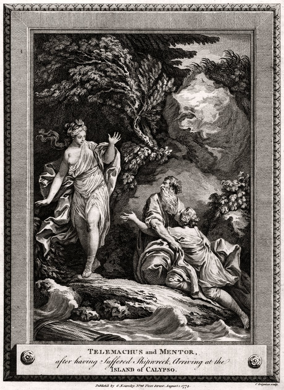Telemachus és Mentor, miután hajótörést szenvedtek, megérkeznek Calypso szigetére, 1774 alkotó: Charles Grignion