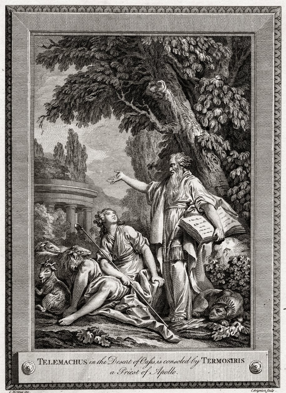 Az oázis sivatagában fekvő Telemachost Termosiris, Apolló papja vigasztalja, 1774. alkotó: Charles Grignion